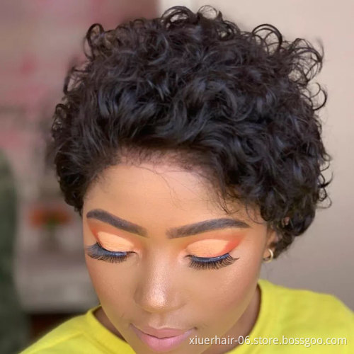 RTS Wholesaler Curly 100% Natural Short Pixie Cut Lace Frontal T Part for Black Women Lace Front Human Hair Wigs